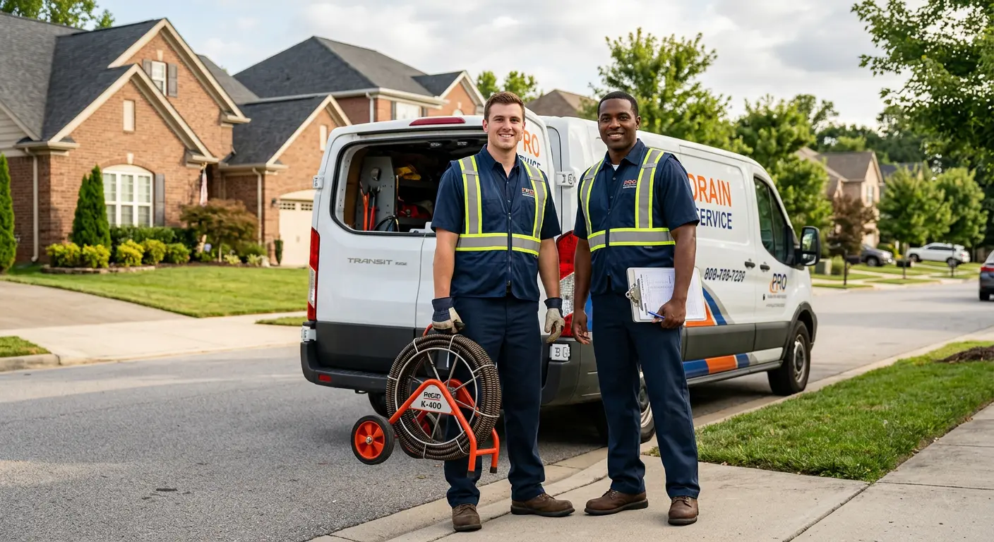Sewer and drain service team with equipment ready for work in Great Neck