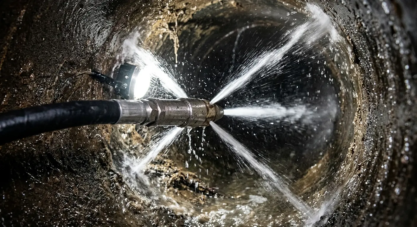 High-pressure hydro jetting nozzle cleaning sewer pipe for Emergency Drain Service in Great Neck