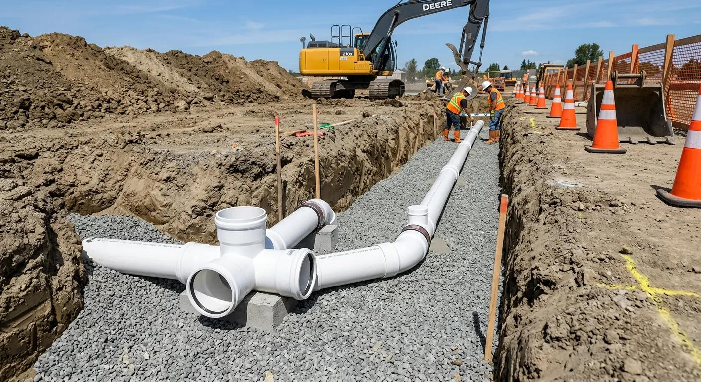 New PVC sewer pipe installation in open trench for Commercial Drain Cleaning in Great Neck