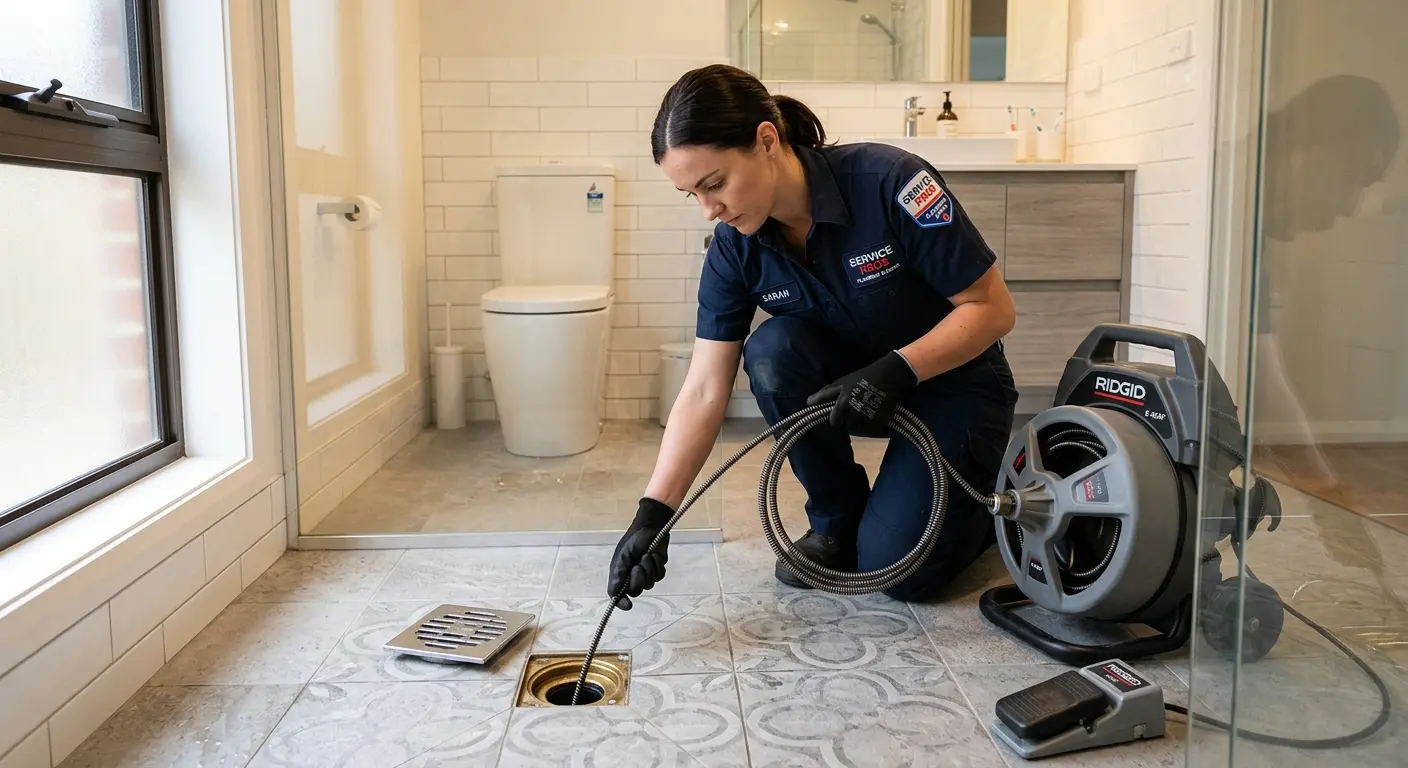 Technician clearing a bathroom floor drain for Sewer Line Replacement in Great Neck